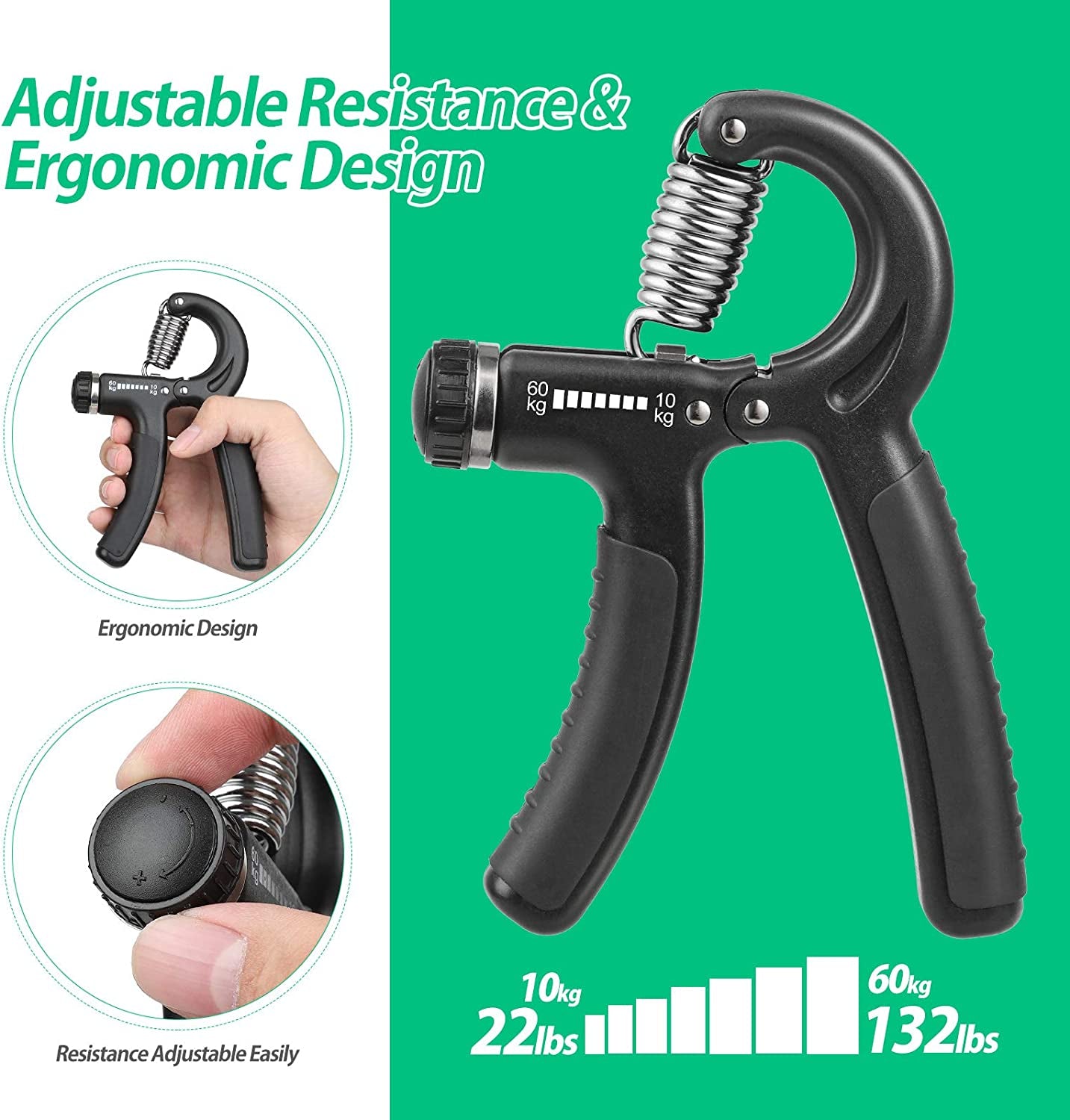 Grip Strength Trainer Adjustable Resistance 22-132Lbs (10-60Kg)