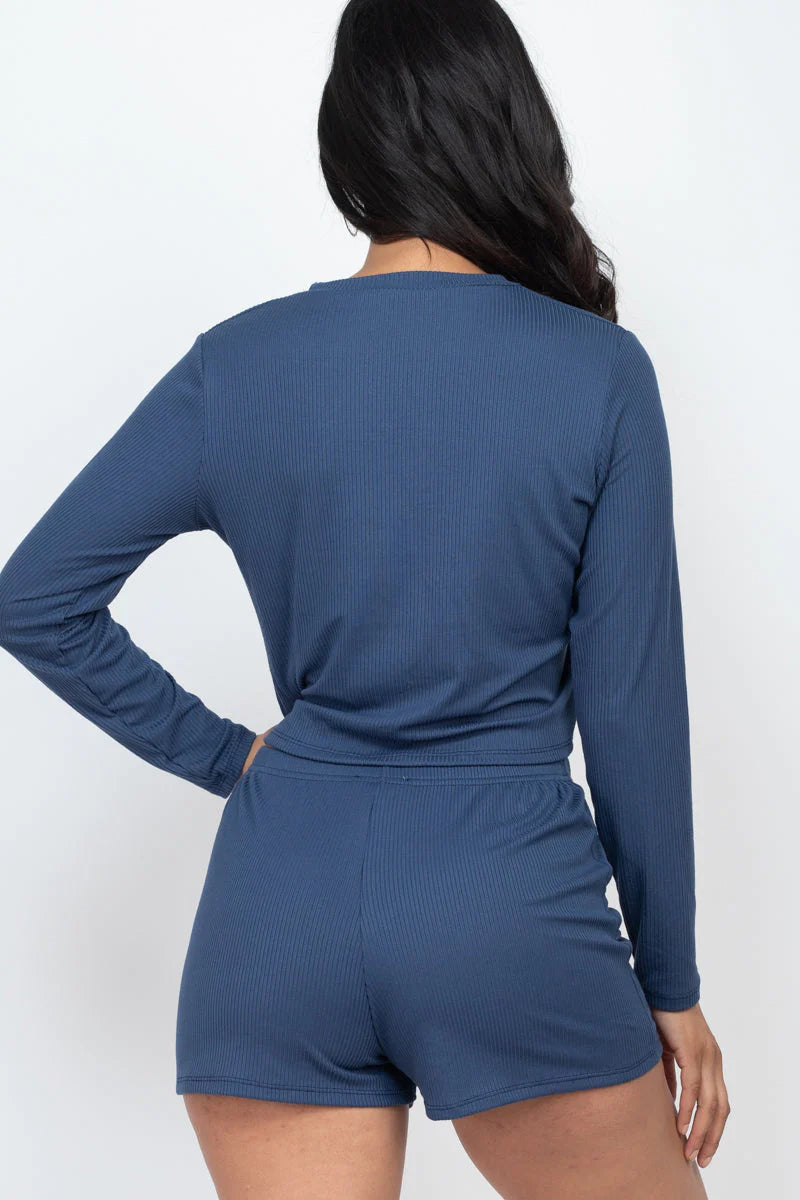 Ribbed Loose Fit Long Sleeve Top & Short Set