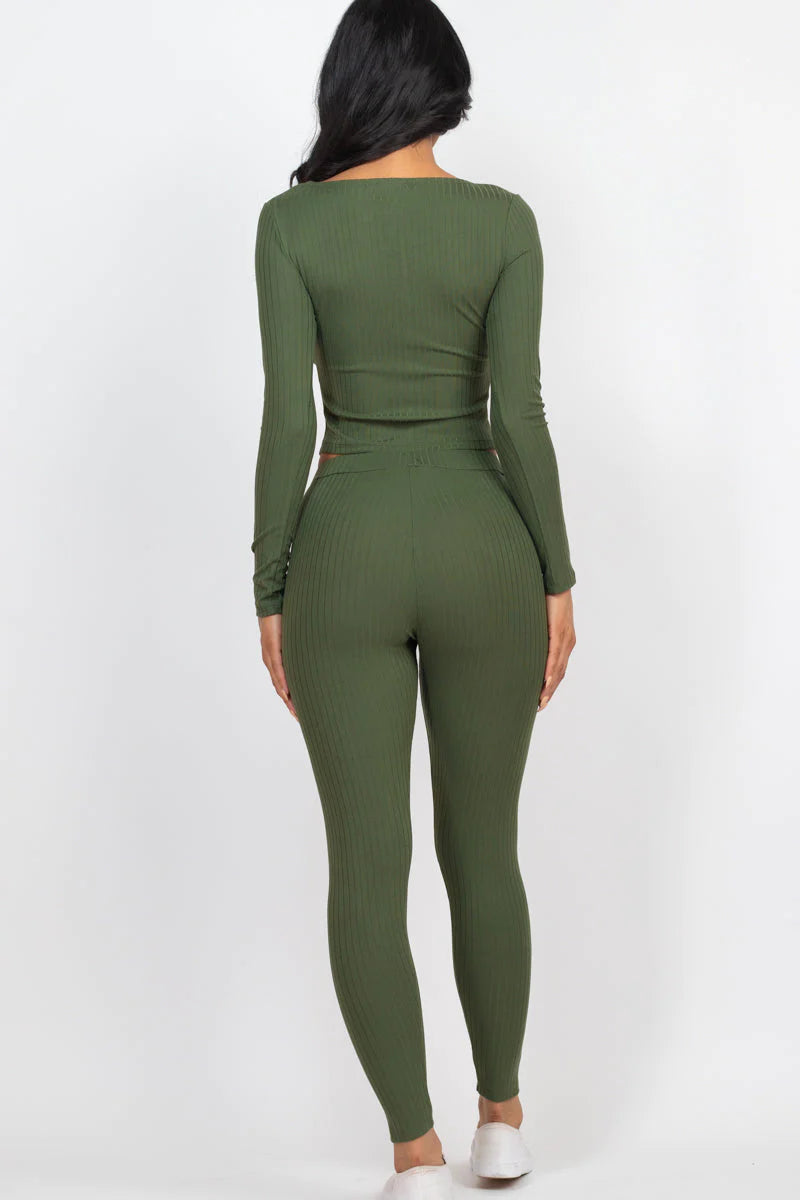 Ribbed Zip Front Long Sleeve Top & Leggings Set