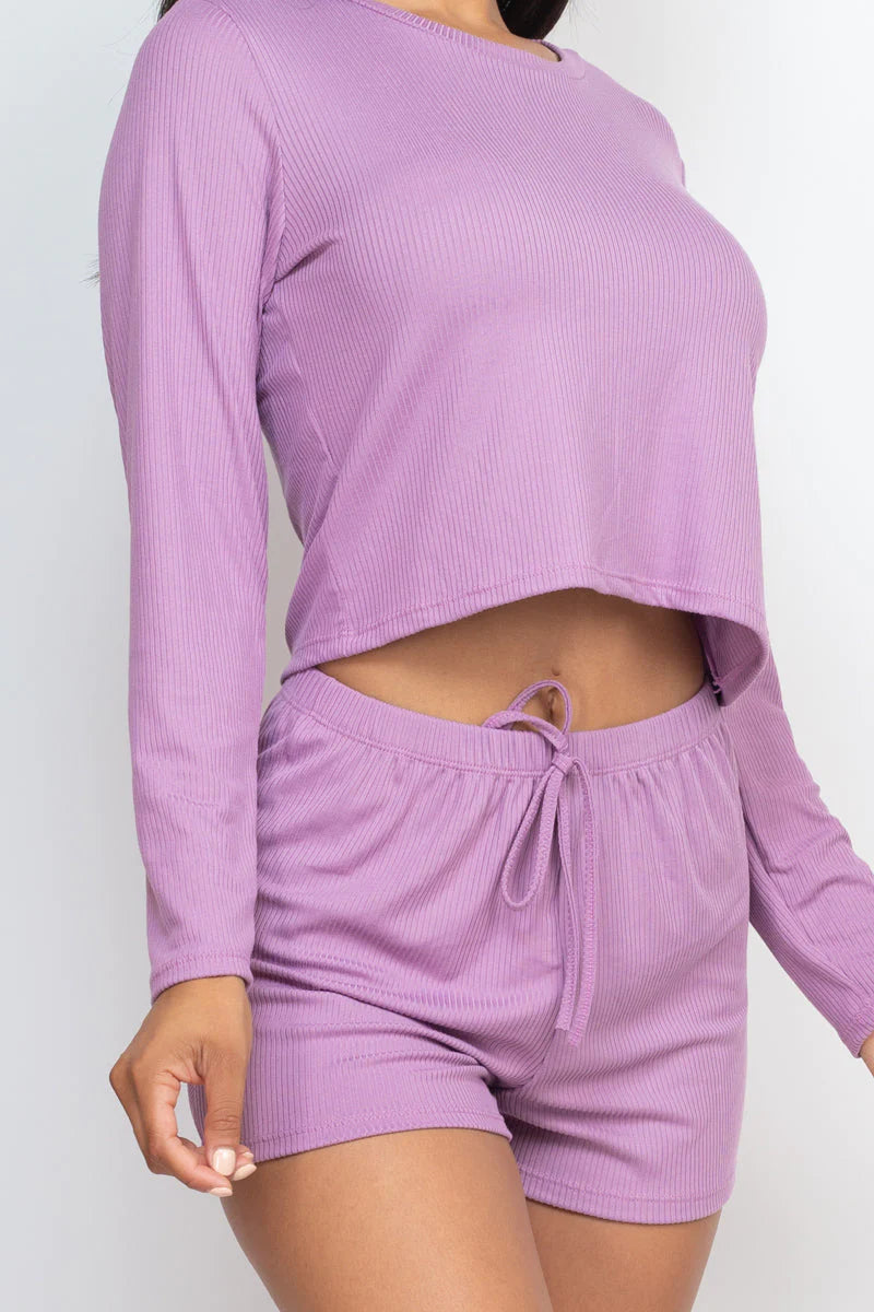 Ribbed Loose Fit Long Sleeve Top & Short Set