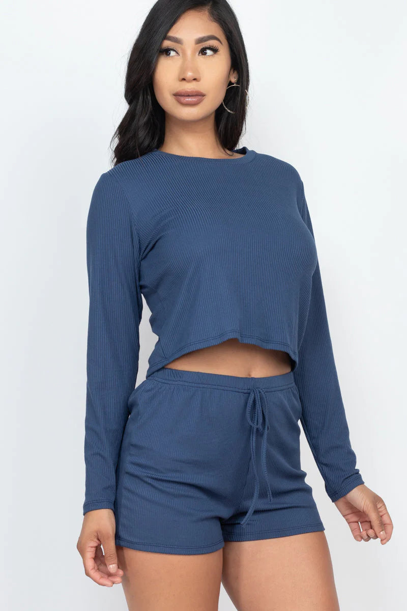 Ribbed Loose Fit Long Sleeve Top & Short Set