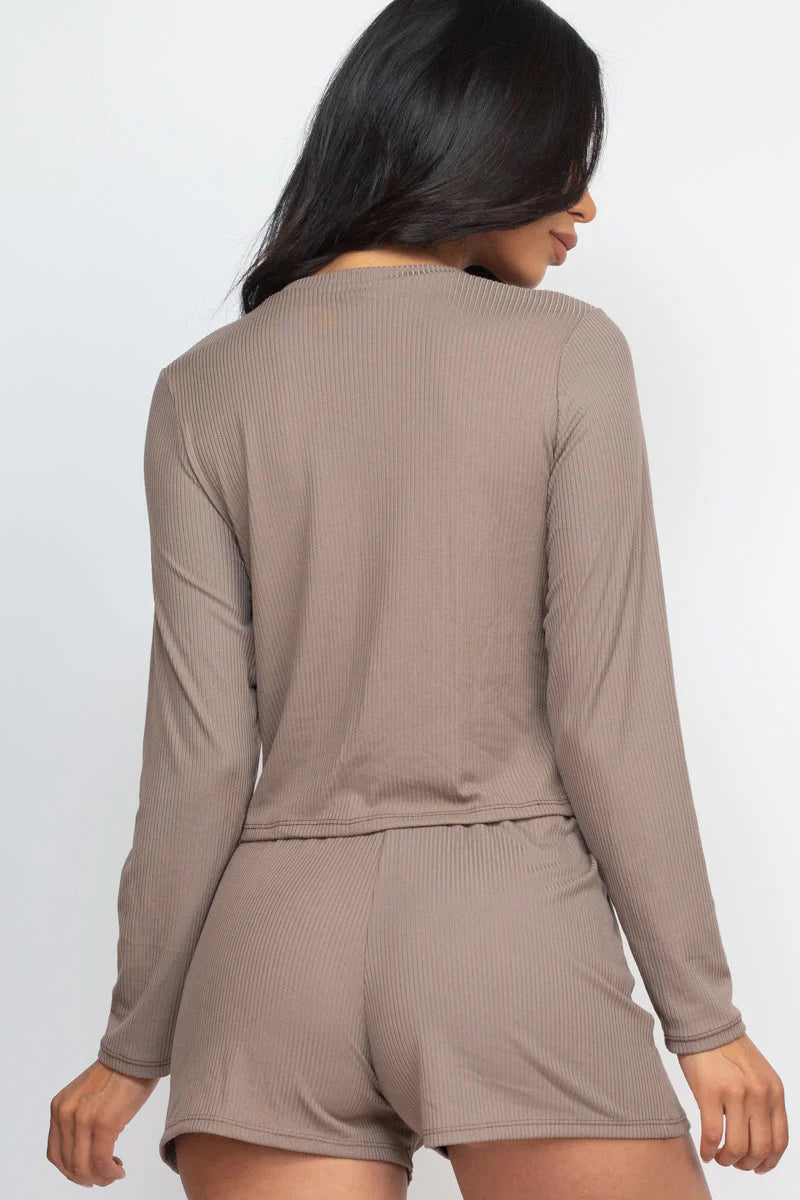 Ribbed Loose Fit Long Sleeve Top & Short Set
