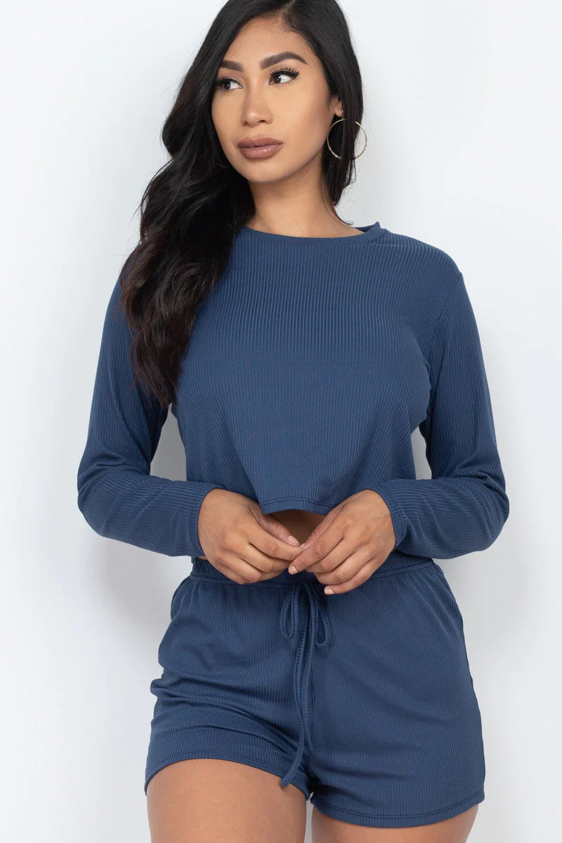 Ribbed Loose Fit Long Sleeve Top & Short Set