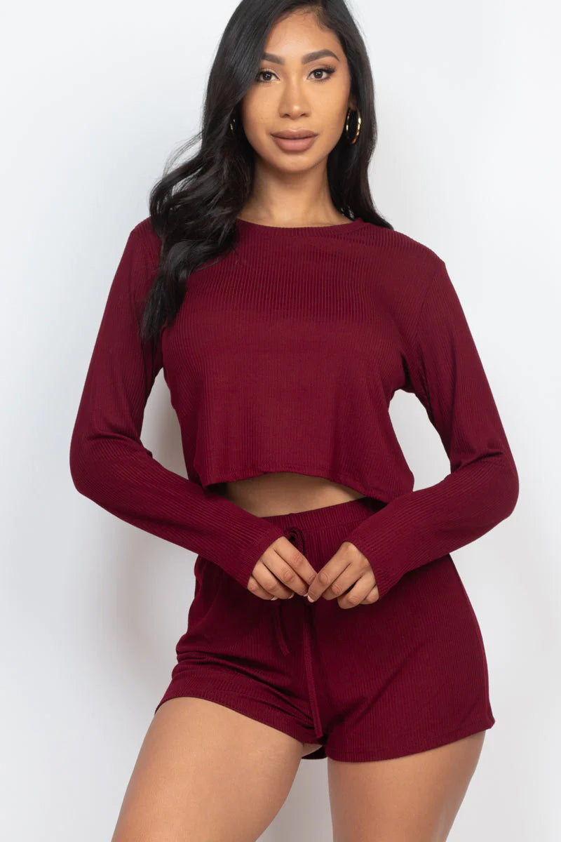 Ribbed Loose Fit Long Sleeve Top & Short Set