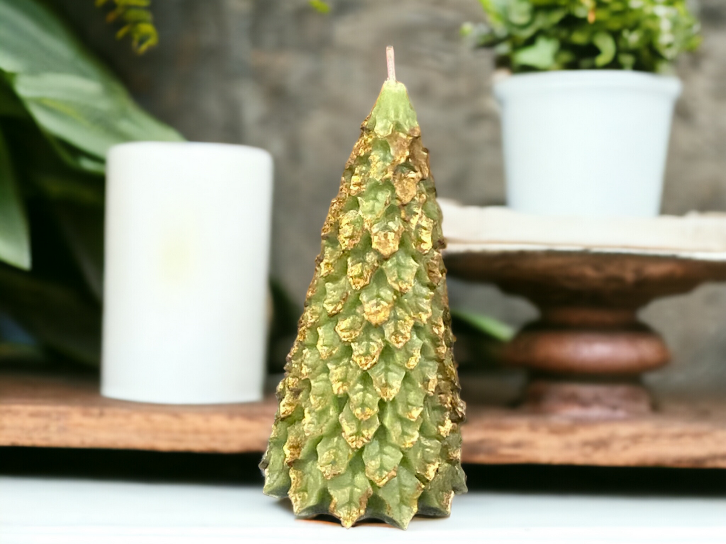 Green Gold-topped Candle | Christmas Tree Candle | Holiday Tree Candle