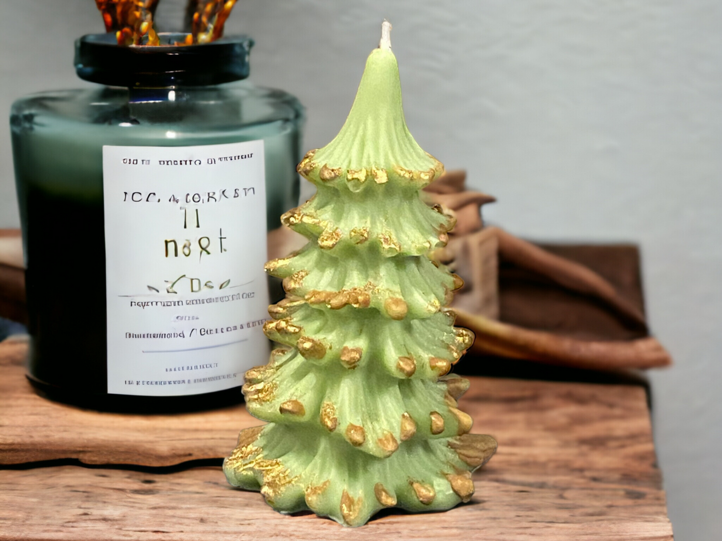 Green Gold-topped Candle | Christmas Tree Candle | Holiday Tree Candle