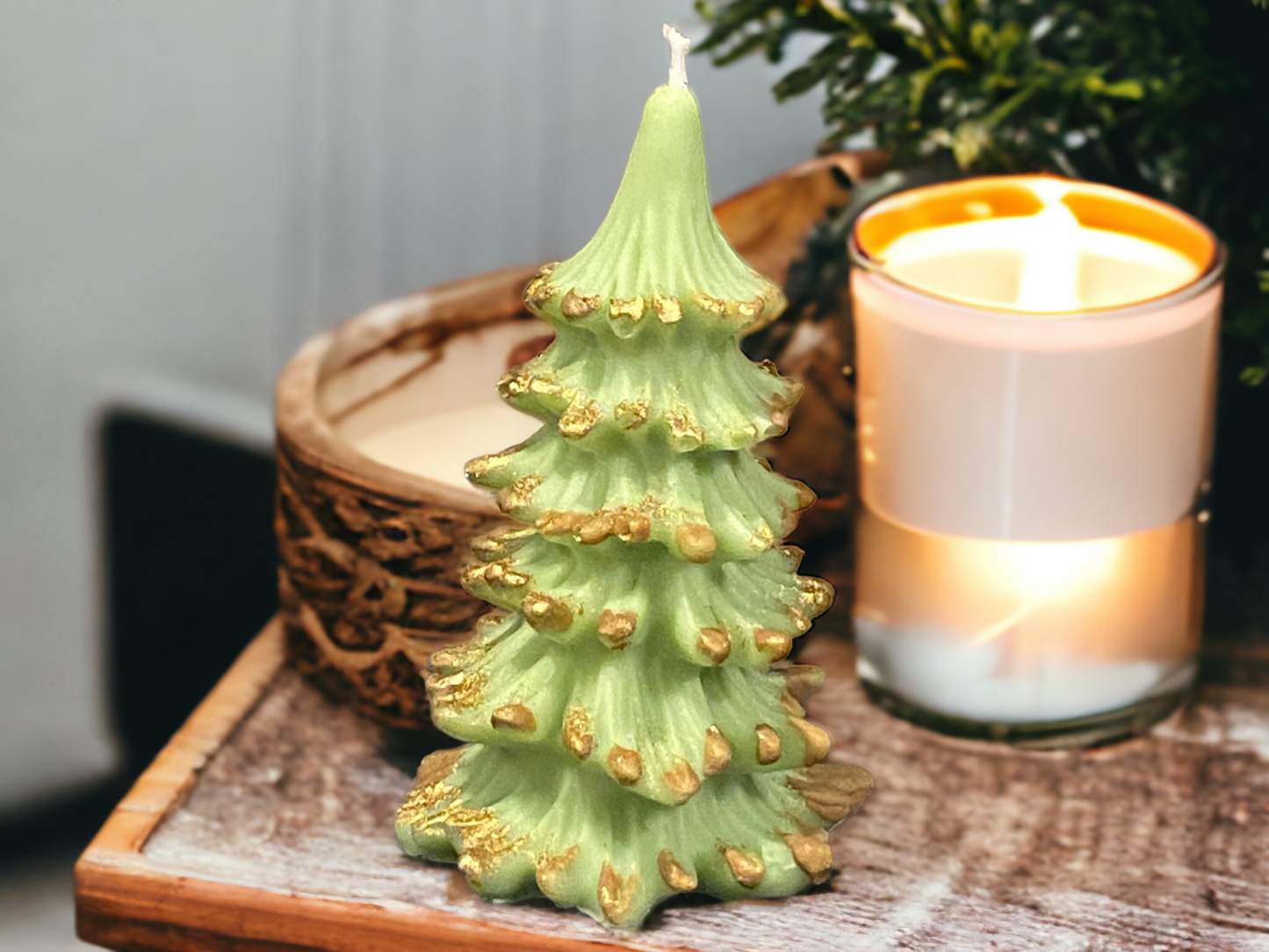 Green Gold-topped Candle | Christmas Tree Candle | Holiday Tree Candle