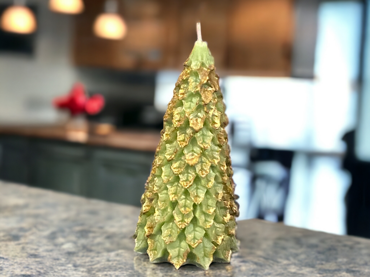 Green Gold-topped Candle | Christmas Tree Candle | Holiday Tree Candle