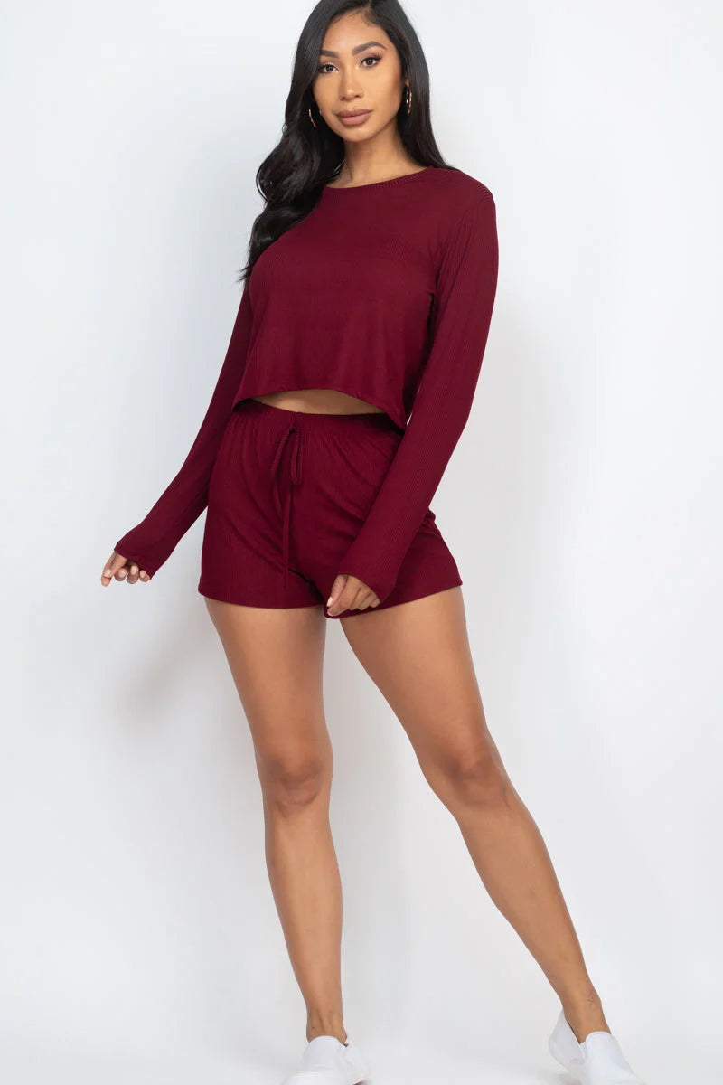 Ribbed Loose Fit Long Sleeve Top & Short Set 