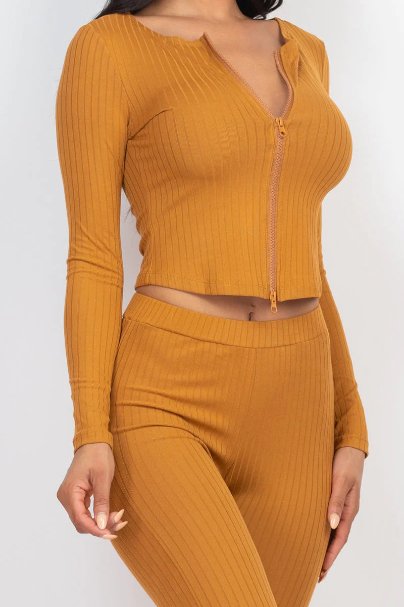 Ribbed Zip Front Long Sleeve Top & Leggings Set 