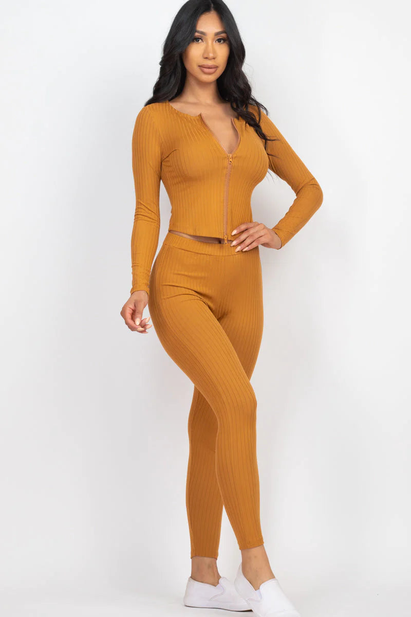 Ribbed Zip Front Long Sleeve Top & Leggings Set 