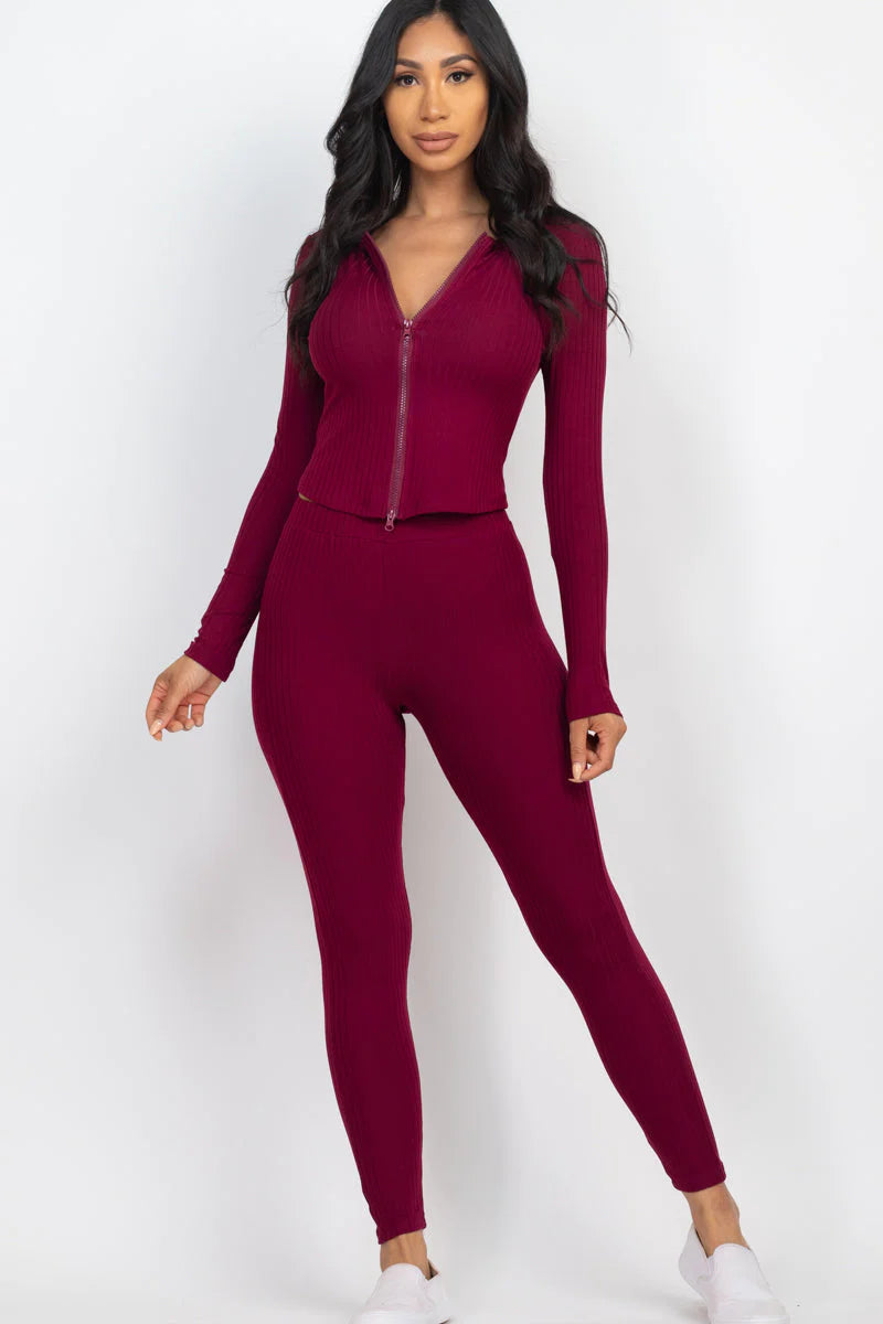 Ribbed Zip Front Long Sleeve Top & Leggings Set 