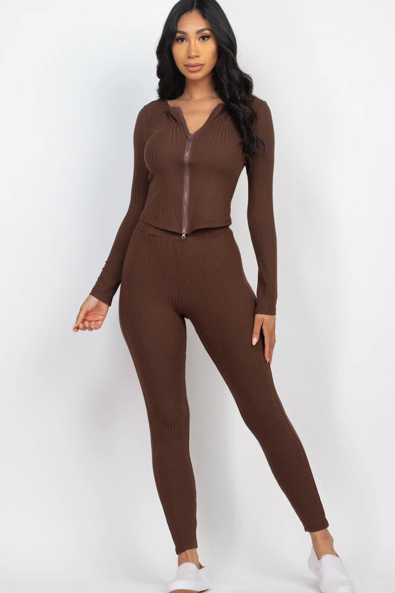 Ribbed Zip Front Long Sleeve Top & Leggings Set 