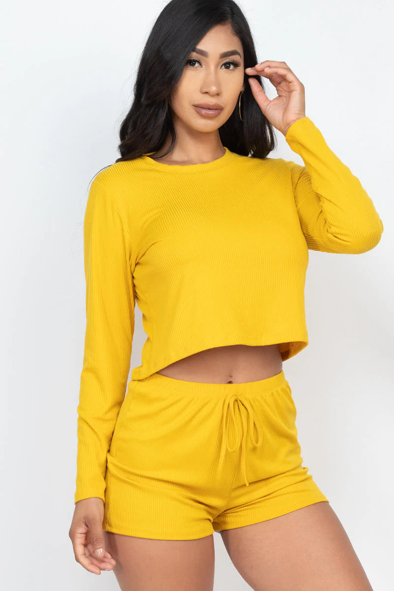 Ribbed Loose Fit Long Sleeve Top & Short Set 