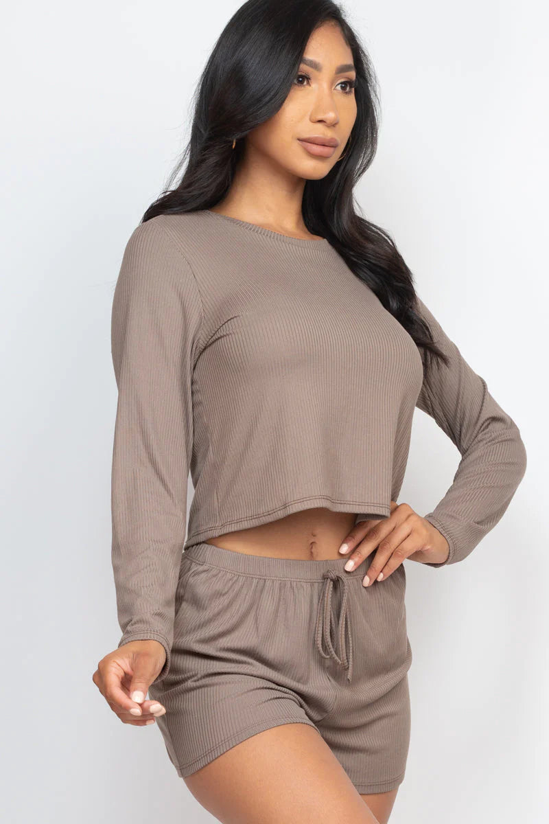 Ribbed Loose Fit Long Sleeve Top & Short Set 