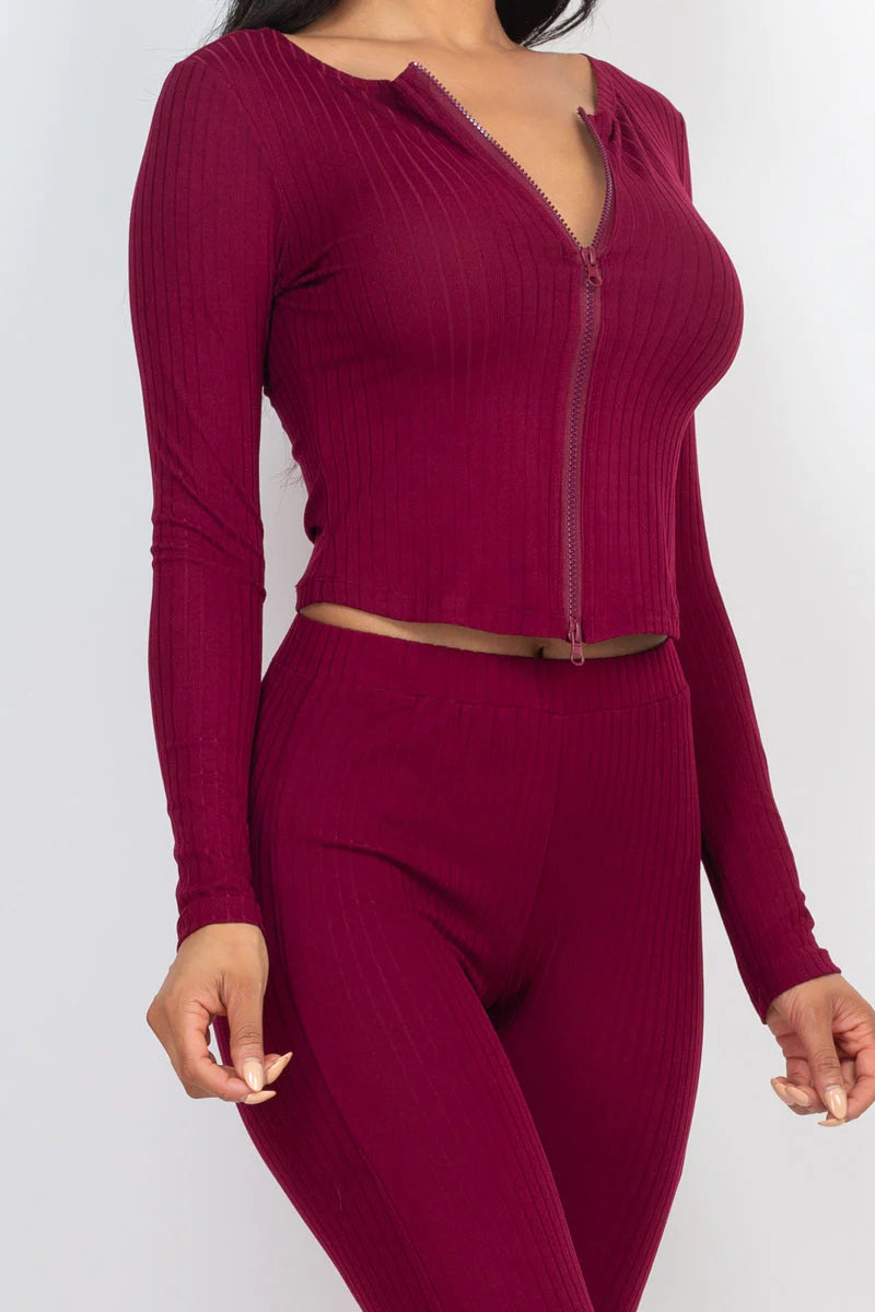 Ribbed Zip Front Long Sleeve Top & Leggings Set 