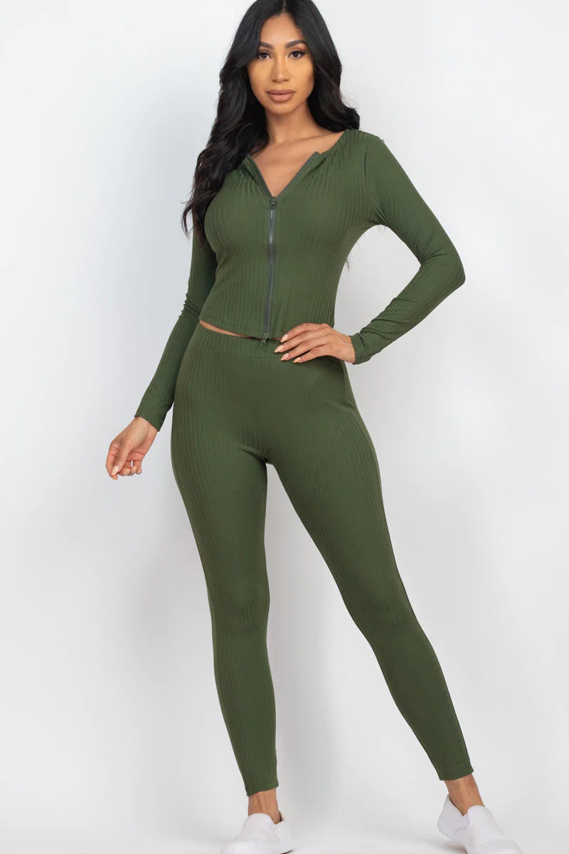 Ribbed Zip Front Long Sleeve Top & Leggings Set 