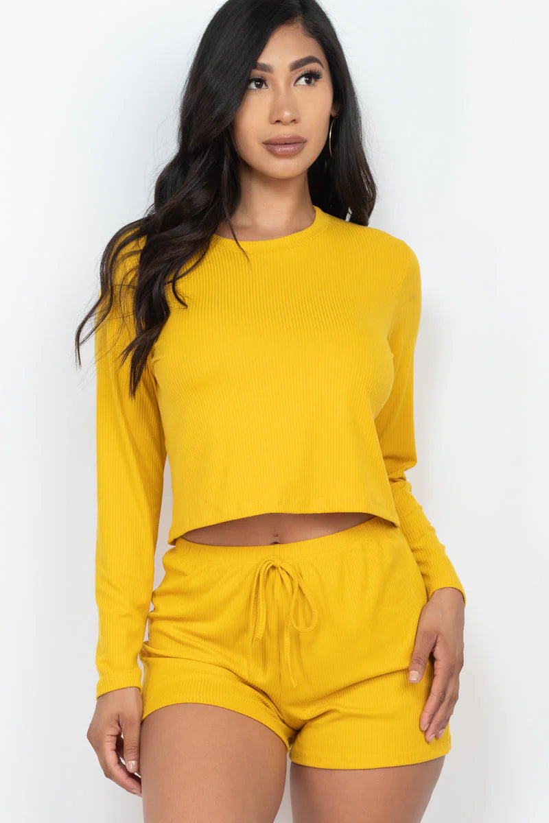 Ribbed Loose Fit Long Sleeve Top & Short Set 