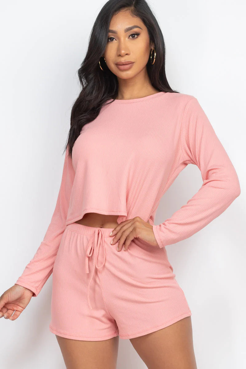 Ribbed Loose Fit Long Sleeve Top & Short Set 