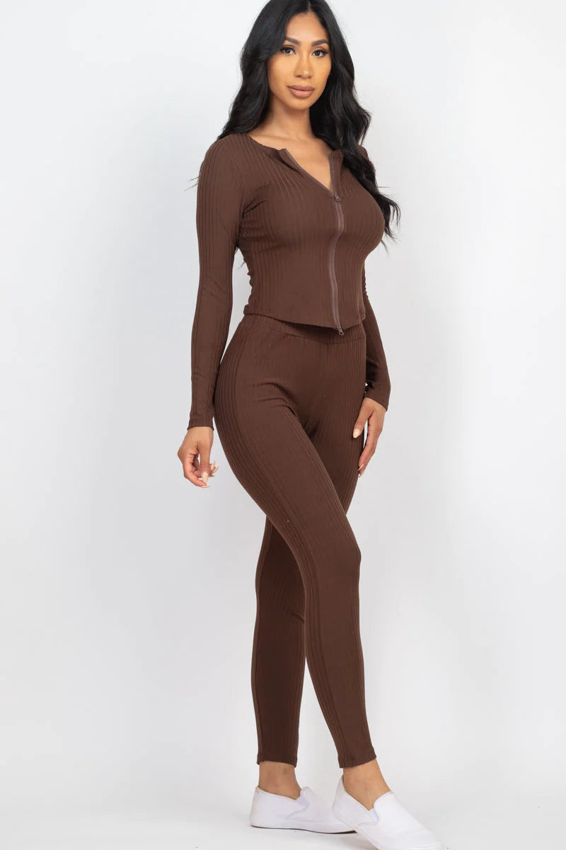 Ribbed Zip Front Long Sleeve Top & Leggings Set 