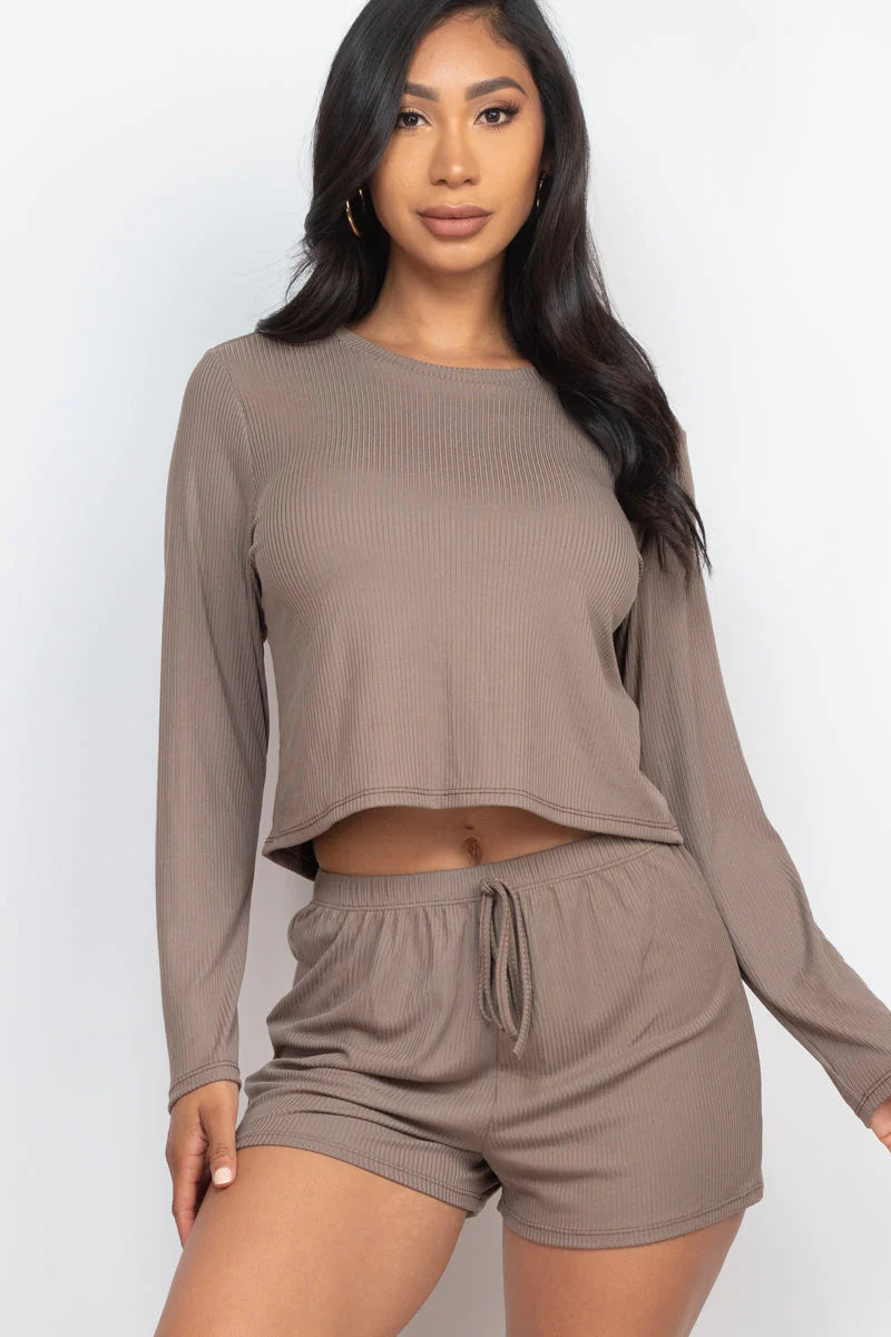 Ribbed Loose Fit Long Sleeve Top & Short Set 