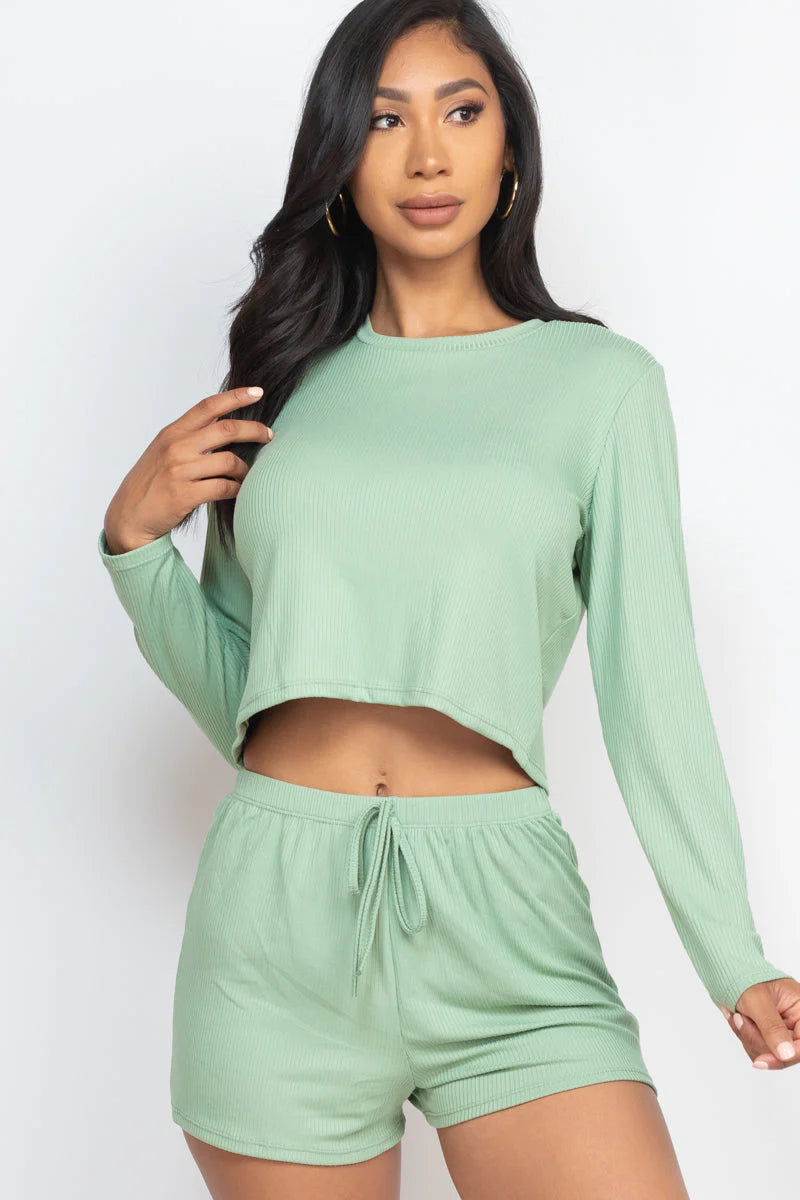 Ribbed Loose Fit Long Sleeve Top & Short Set 