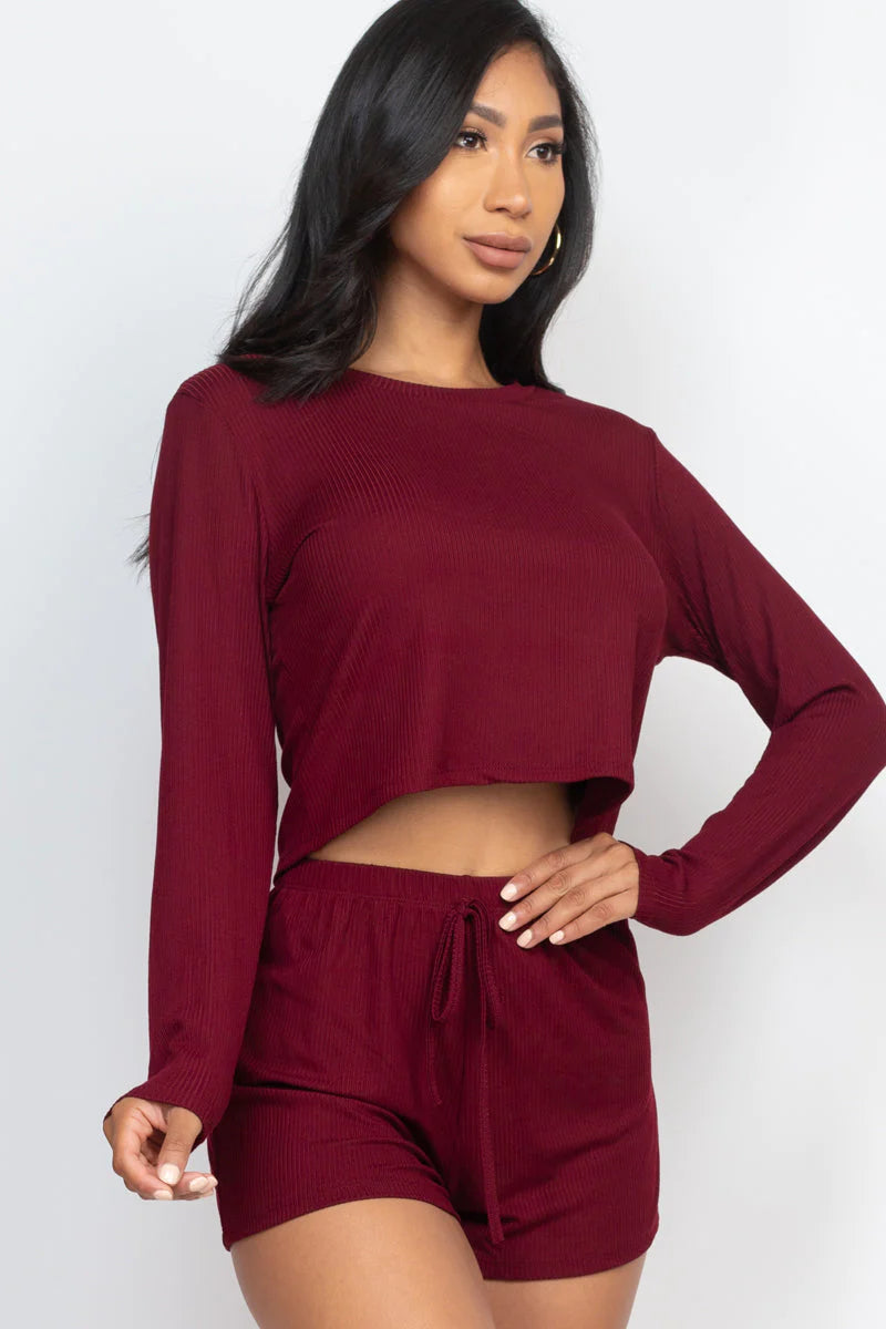 Ribbed Loose Fit Long Sleeve Top & Short Set 