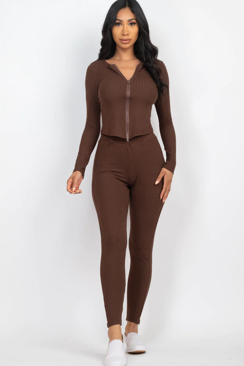 Ribbed Zip Front Long Sleeve Top & Leggings Set 