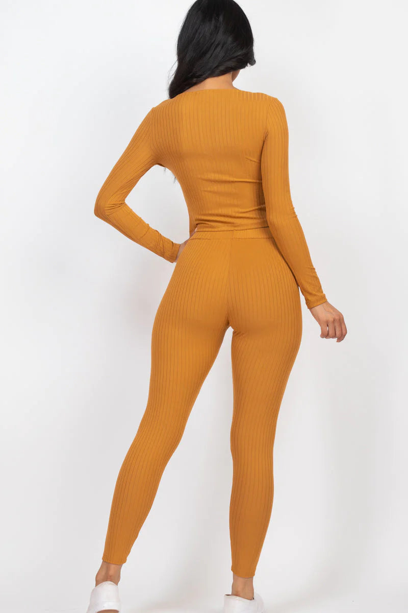 Ribbed Zip Front Long Sleeve Top & Leggings Set 