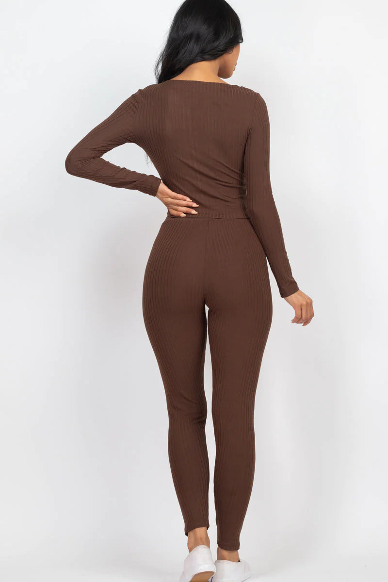 Ribbed Zip Front Long Sleeve Top & Leggings Set 