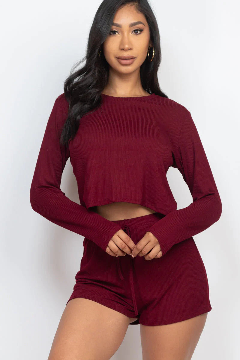 Ribbed Loose Fit Long Sleeve Top & Short Set 