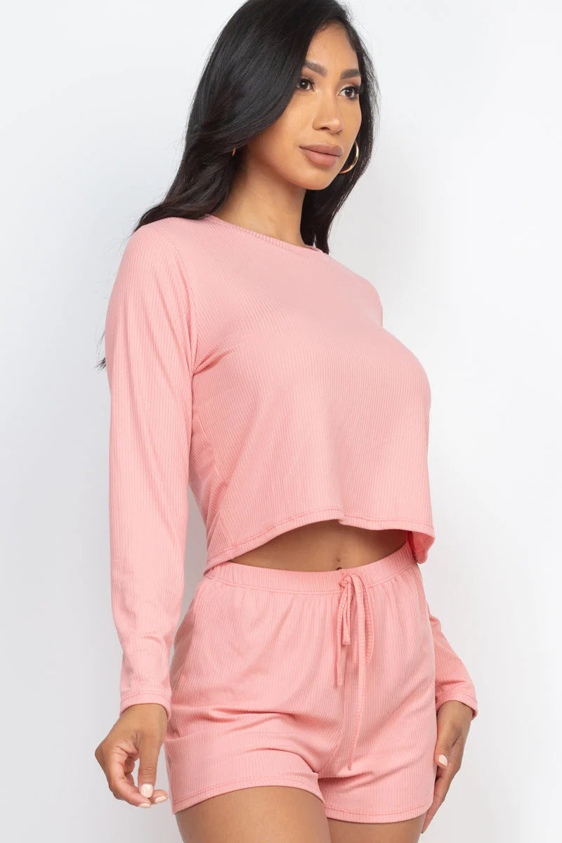 Ribbed Loose Fit Long Sleeve Top & Short Set 