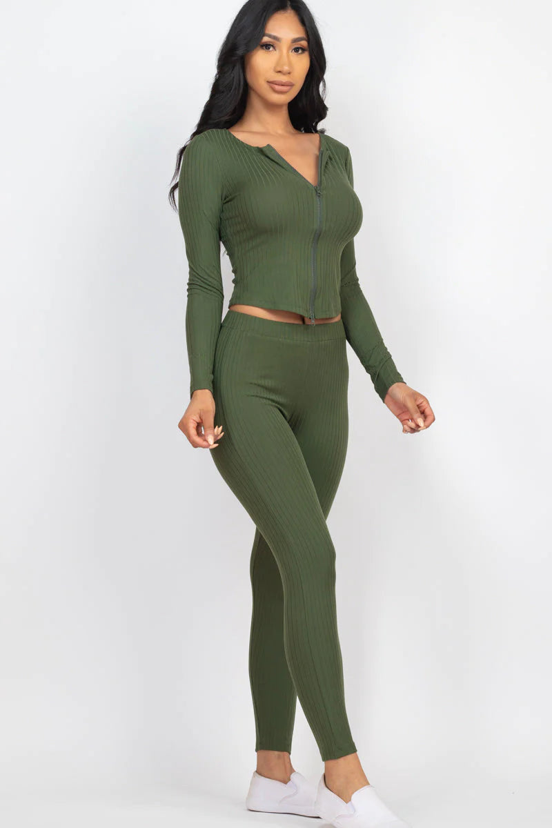 Ribbed Zip Front Long Sleeve Top & Leggings Set 