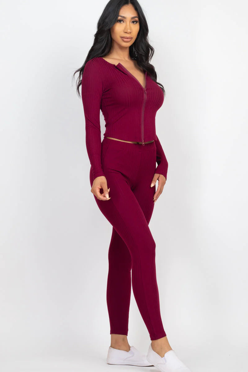 Ribbed Zip Front Long Sleeve Top & Leggings Set 