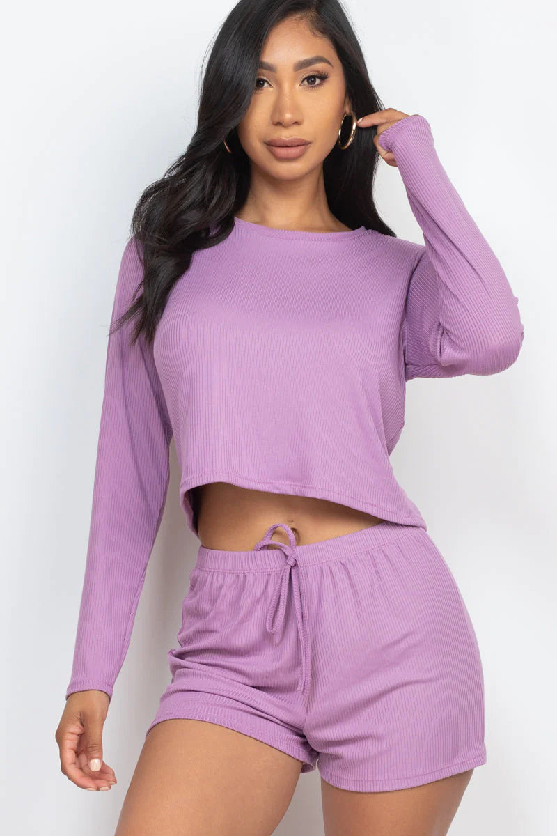 Ribbed Loose Fit Long Sleeve Top & Short Set 