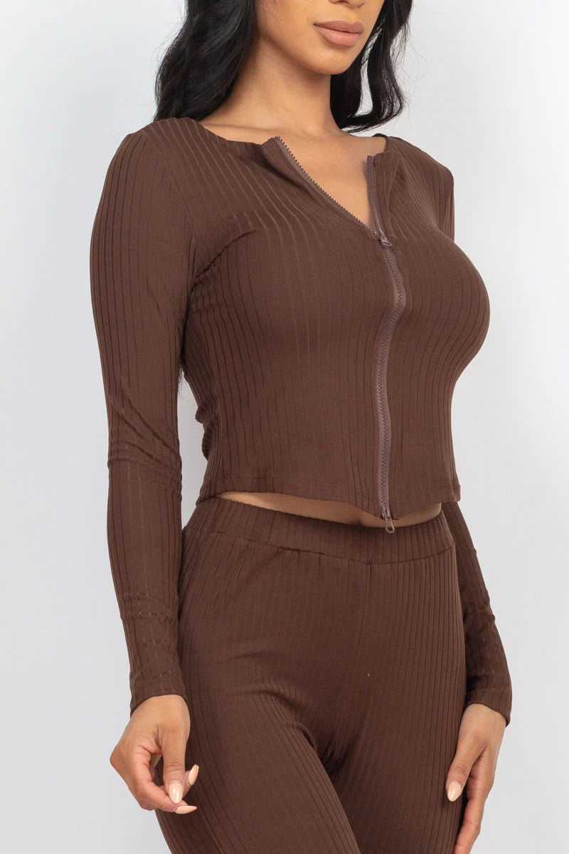 Ribbed Zip Front Long Sleeve Top & Leggings Set 