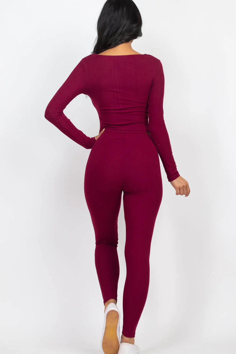 Ribbed Zip Front Long Sleeve Top & Leggings Set 