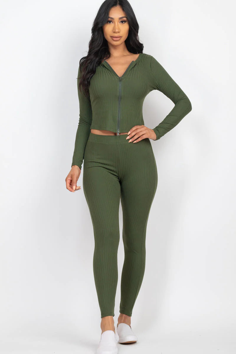 Ribbed Zip Front Long Sleeve Top & Leggings Set 