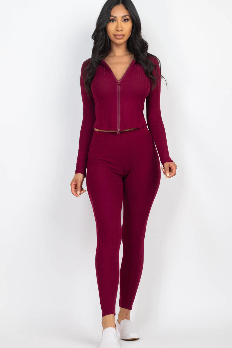 Ribbed Zip Front Long Sleeve Top & Leggings Set 