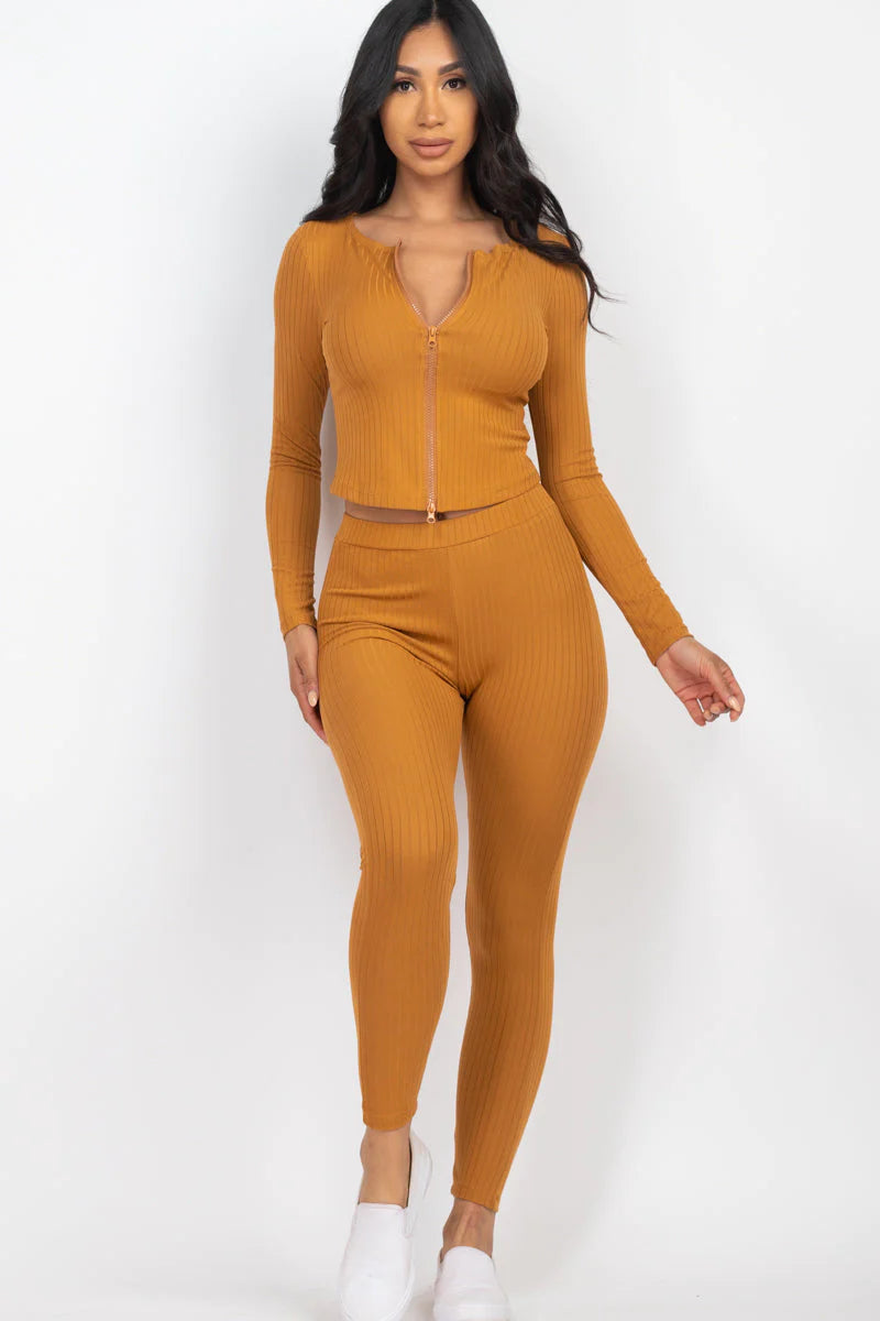 Ribbed Zip Front Long Sleeve Top & Leggings Set 