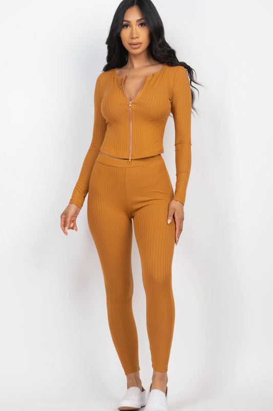 Ribbed Zip Front Long Sleeve Top & Leggings Set 