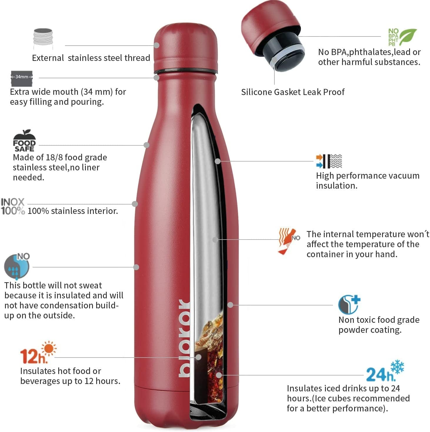 Brick Red Insulated Stainless Steel Water Bottle