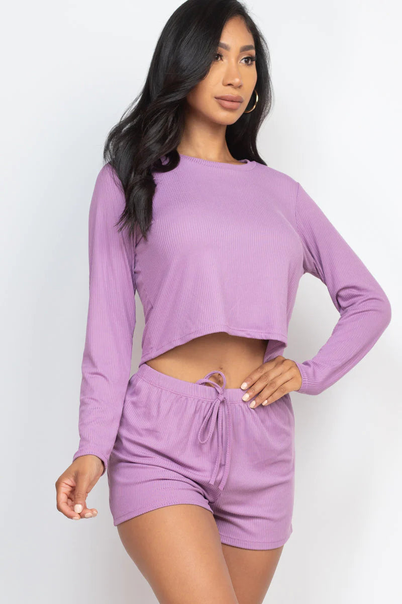 Ribbed Loose Fit Long Sleeve Top & Short Set 