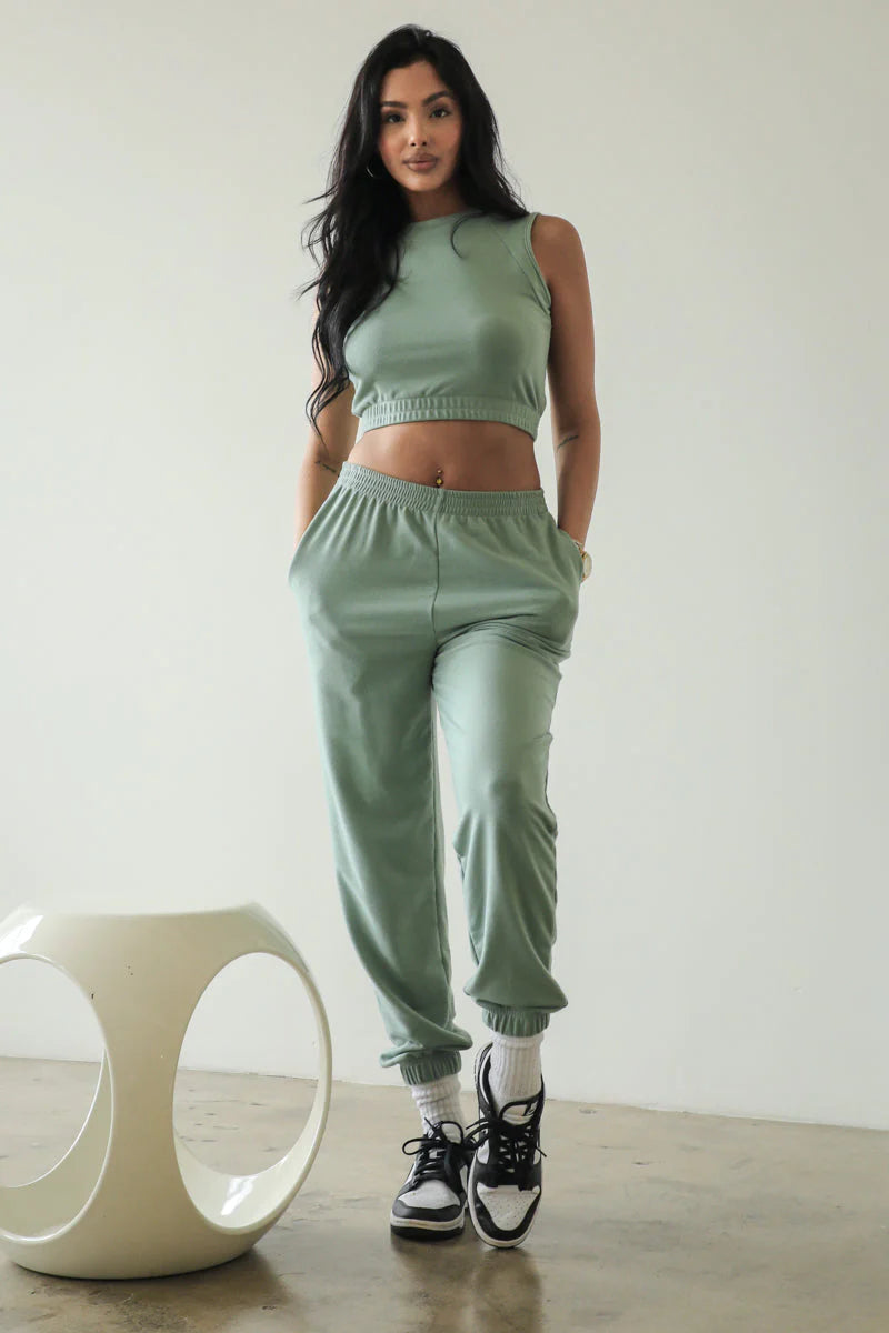 French Terry Elastic Waist Tank Top & Joggers Set 